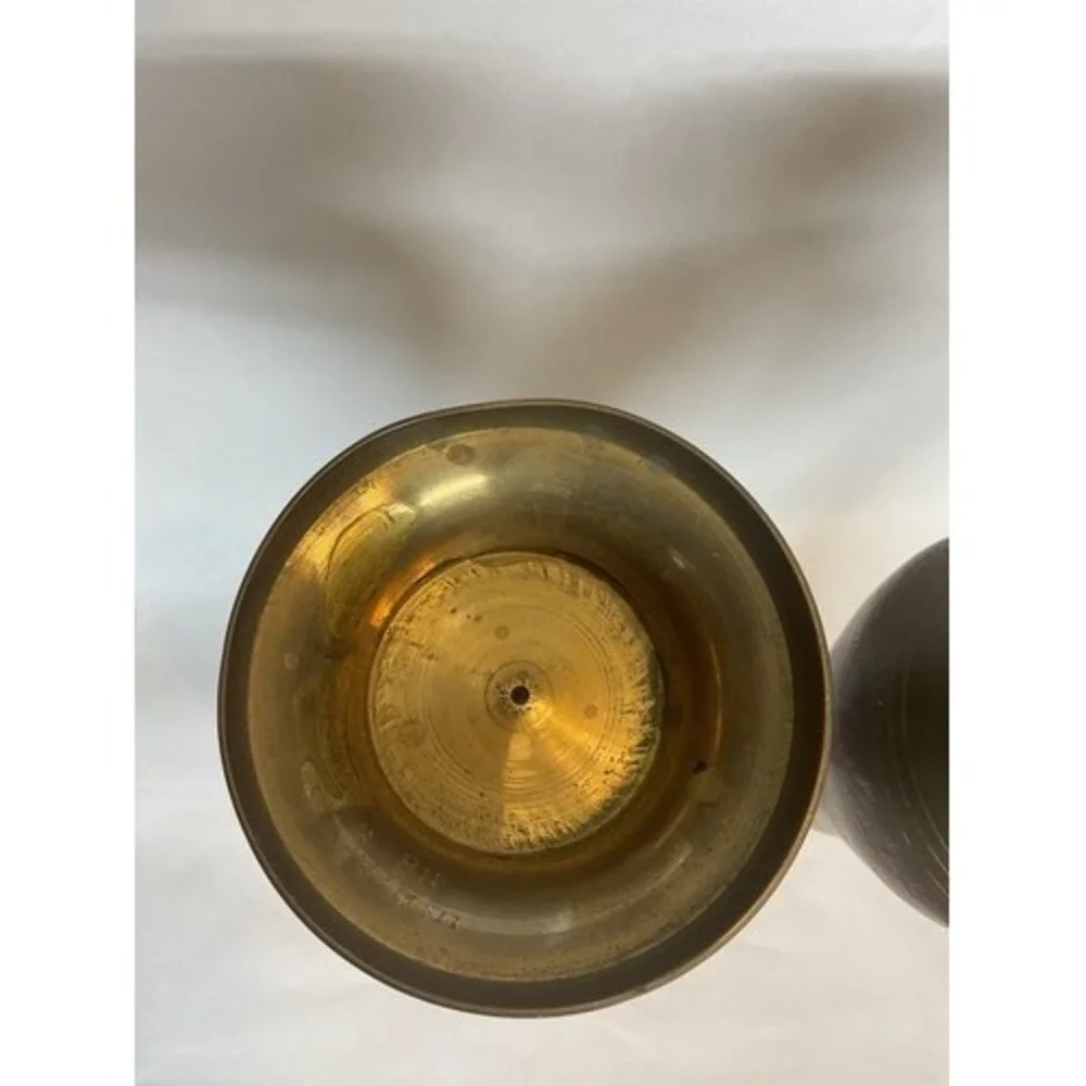 Vintage Set of 2 Brass Hand Etched Multicolored Flower Bud Vases 12